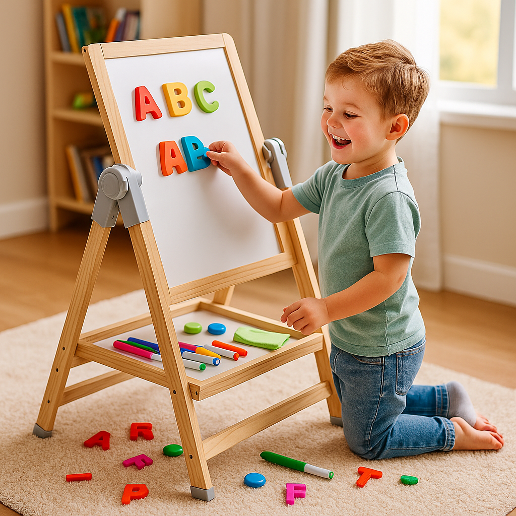 Standing Magnetic Wooden Art Easel for Kids with Double-Sided Drawing Board