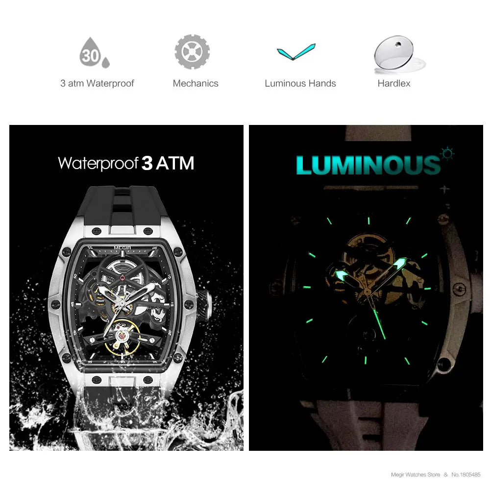 MEGIR Black Waterproof Automatic Tonneau Watch