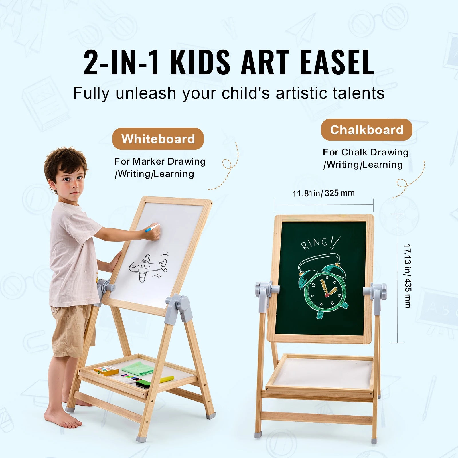 Standing Magnetic Wooden Art Easel for Kids with Double-Sided Drawing Board