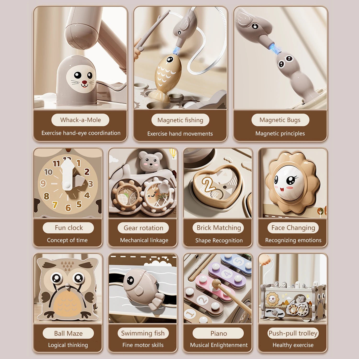 Montessori Owl Activity Board with Magnetic Fishing, Mole Game & Xylophone