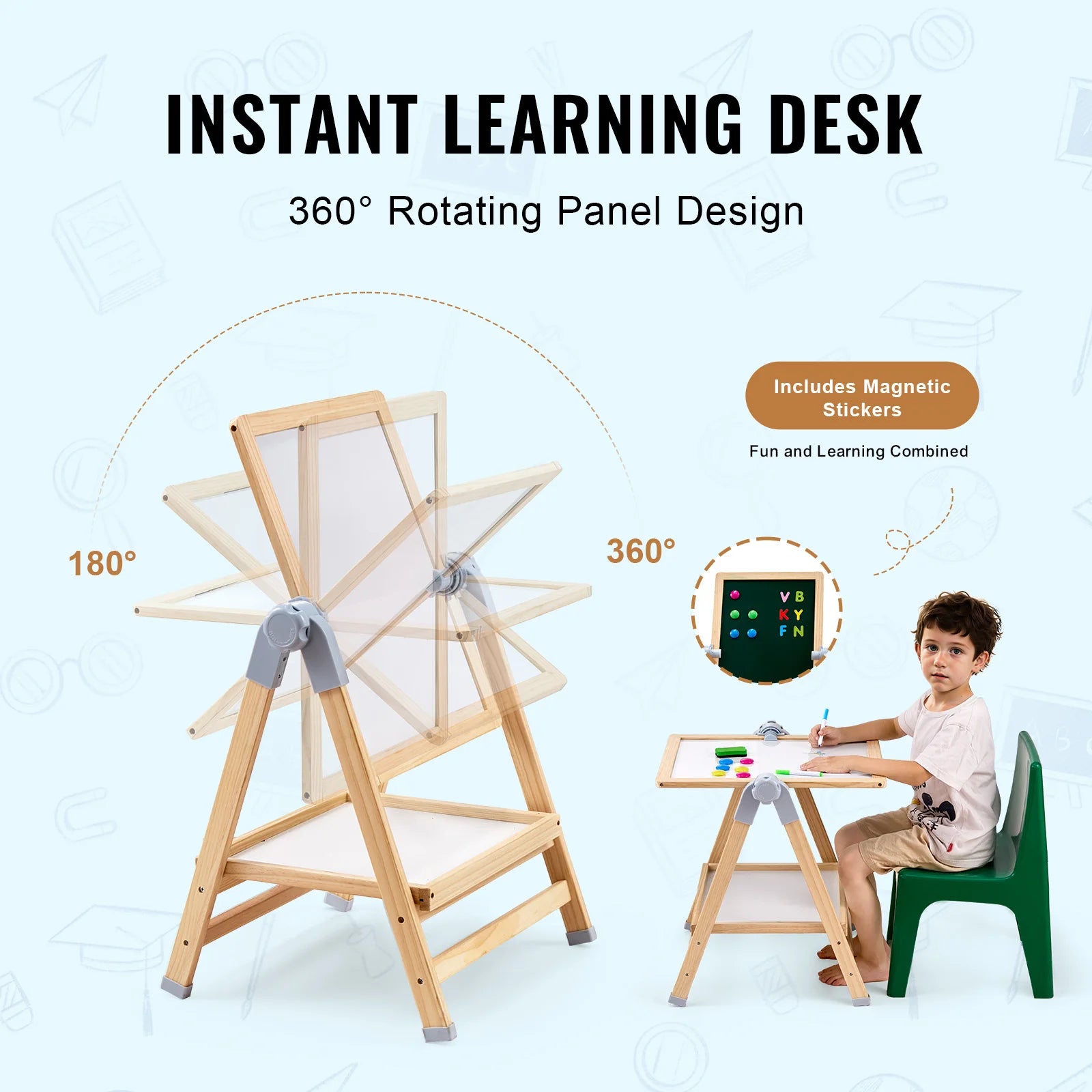 Standing Magnetic Wooden Art Easel for Kids with Double-Sided Drawing Board