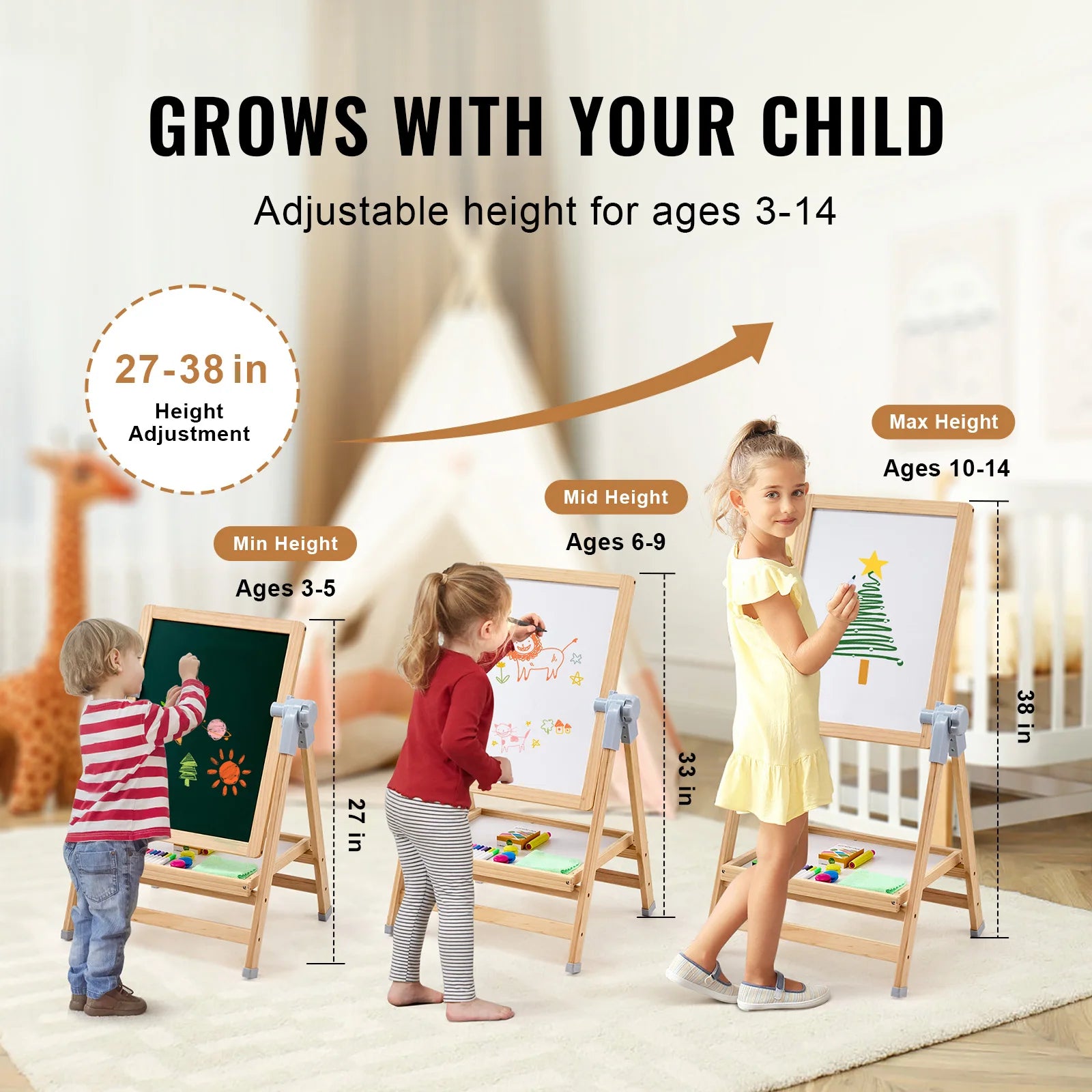 Standing Magnetic Wooden Art Easel for Kids with Double-Sided Drawing Board