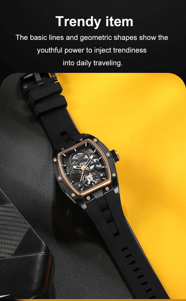 MEGIR Black Waterproof Automatic Tonneau Watch