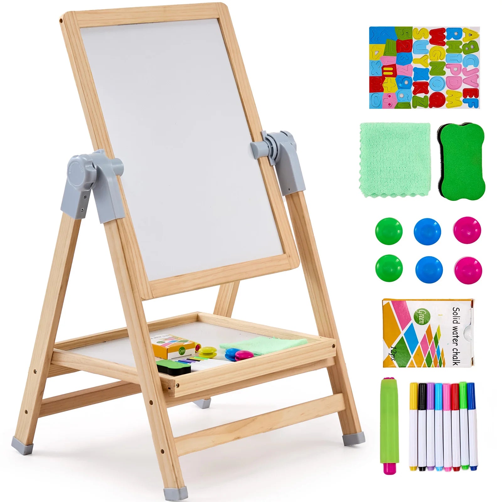 Standing Magnetic Wooden Art Easel for Kids with Double-Sided Drawing Board